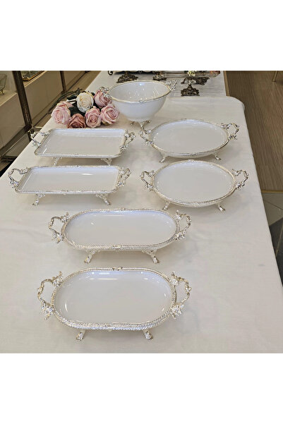 AlyaHomeAksesuar 7 Piece Metal Rimmed Porcelain Serving Plate Set Silver