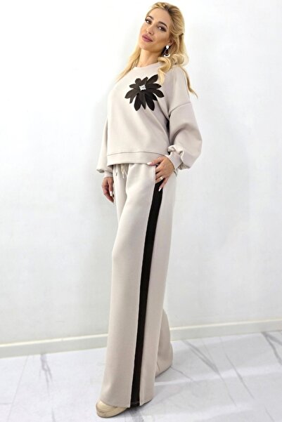 FashionForYou KEORA day set, blouse with floral detail and pants, Cream with Brown panel, Size S/M/L