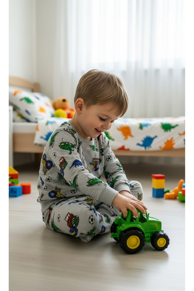Arya Nisa Kids Boys' Fleece-Lined Cotton Gray Tractor Dinosaur Ball Printed Pajama Set