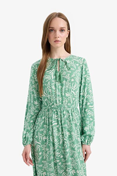 DeFacto Μακρυμάνικο μάξι φόρεμα με στάμπα με λαιμόκοψη D9636AX25SM