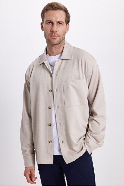 Tudors Men's Relax Fit Comfortable Cut Long Sleeve Plain Knitted Fabric Side Slit Beige Shirt