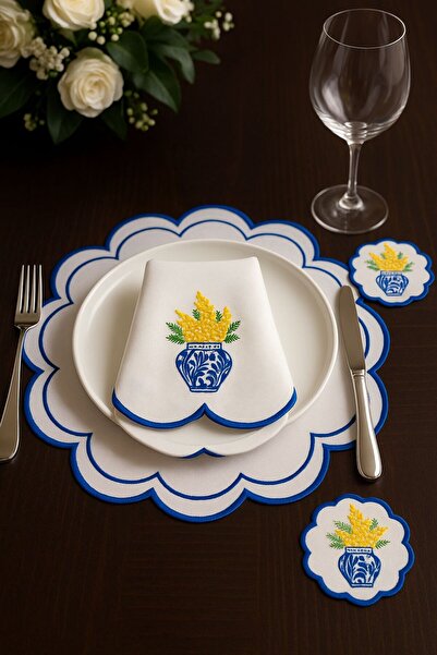 Konsept Mimoza Model Üzeri Çiçek Nakışlı Amerikan Servis + Servis Peçetesi + ...