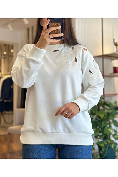 RMG BUTİK Cotton White Sweatshirt with Embroidered Sleeves