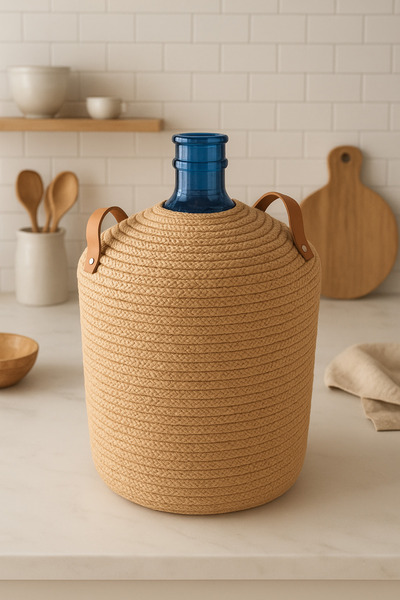 Ahs Tasarım Natural and Stylish Water Bottle Cover - Cover with Leather Handle and Wicker Rope Coating