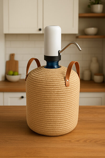 Ahs Tasarım Natural and Stylish Water Bottle Cover - Cover with Leather Handle and Wicker Rope Coating