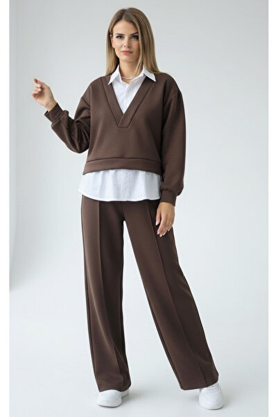UniqueStore.ro Elegant brown suit with flared pants and blouse with collar and shirt-type bottom - Unique