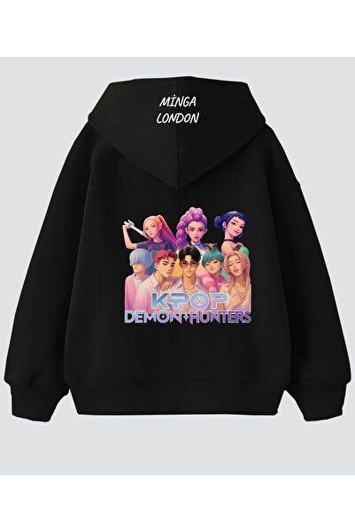 Minga London Unisex Kpop Demon Hunters Style Colorful Printed Black Oversized Sweatshirt