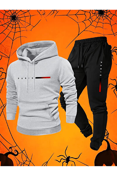 ALEYZA MODA طقم بدلة رياضية مخططة مكتوب عليها 'باريس' للرجال بغطاء رأس