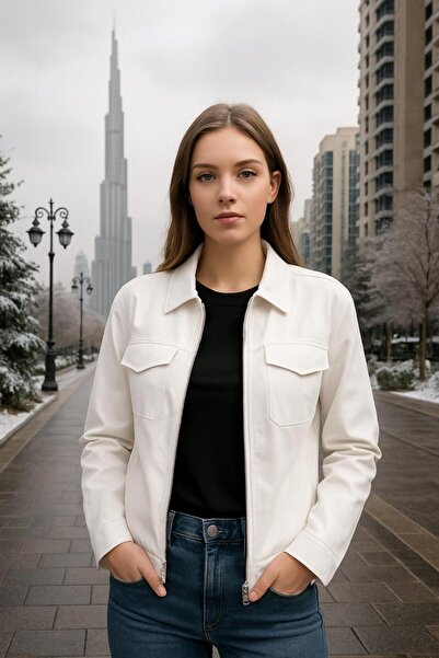 Generic Women’s White Long Sleeve Zip Jacket | Elegant Casual Outerwear | Comfortable Winter Wear