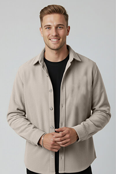 Rizz up قميص رجالي رمادي مخملي قماش مجدّل ذو قصة مريحة وملمس ناعم قماش قابل ل...