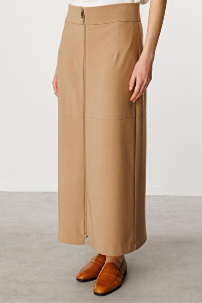 Micca Part Dökümlü Kumaştan Parçalı Zamansız Etek-Camel