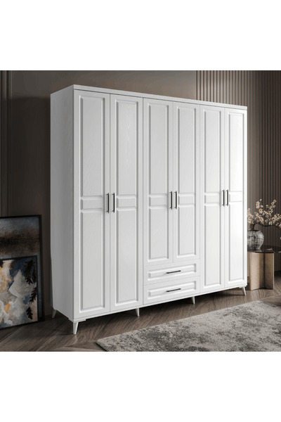 MaceraMobilya Gözde 6 Kapaklı Komple MDF Beyaz Gardırop – Elbise Dolabı