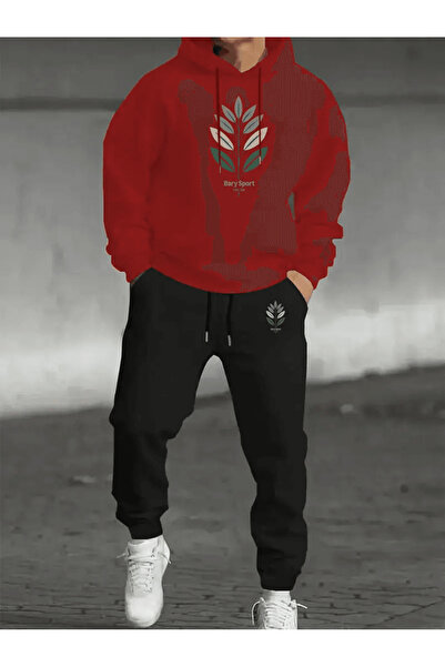 ALEYZA MODA طقم بدلة رياضية بغطاء رأس للرجال بنقشة أوراق الشجر