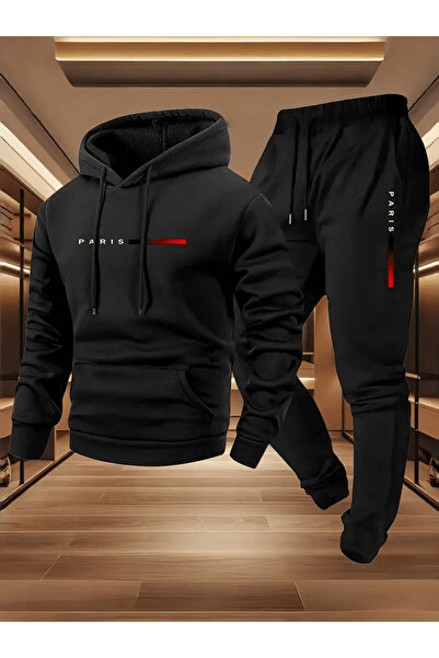 ALEYZA MODA طقم بدلة رياضية مخططة مكتوب عليها 'باريس' للرجال بغطاء رأس