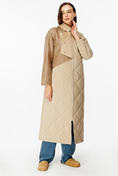 Micca Versa Dolgulu Özel Kumaş ve Üst Bedeni Yumuşak Suni Kürklü Deri Spor Manto Kaban-Taş