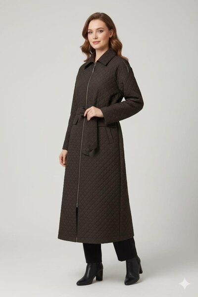 Micca HZR Fermuar Detaylı Jakar Kapitone Spor Trench Kap PLUS-Kahve