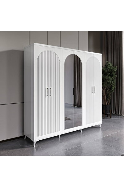 MaceraMobilya Oslo 6 Kapaklı Aynalı Komple MDF Beyaz Gardırop