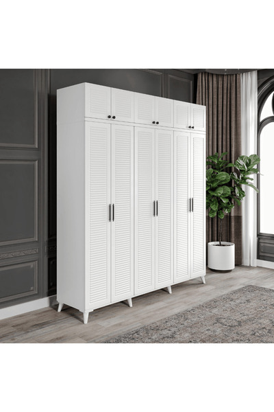 MaceraMobilya Paris 6 Kapaklı Yüklüklü Komple MDF Beyaz Gardırop