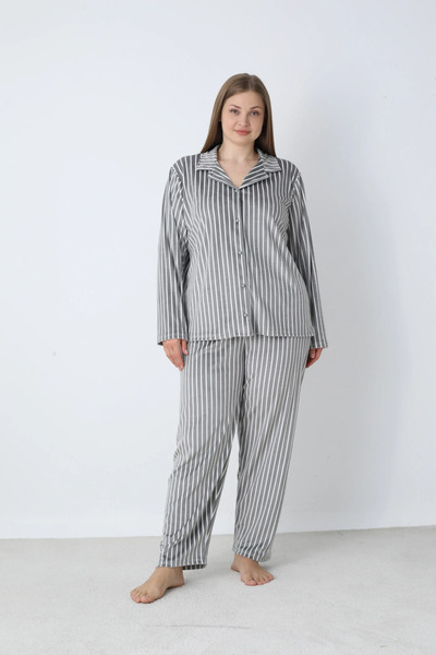 Modestia Estiva 25370 Shirt Collar Oversized Velvet Pajama Set - Anthracite - 5XL