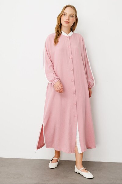 Micca SS Kontrast Biye Detaylı Ribana Yaka Spor İpekçe Doku Kap/ Ferace-Pudra