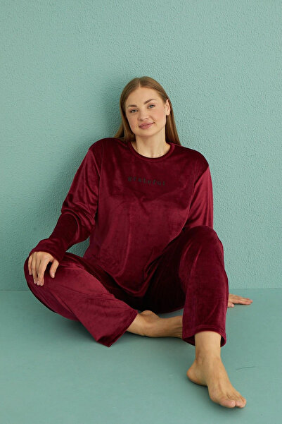 Modestia Mihra 13213 Women's Velvet Long Sleeve Pajama Set - Mürdüm - 5XL