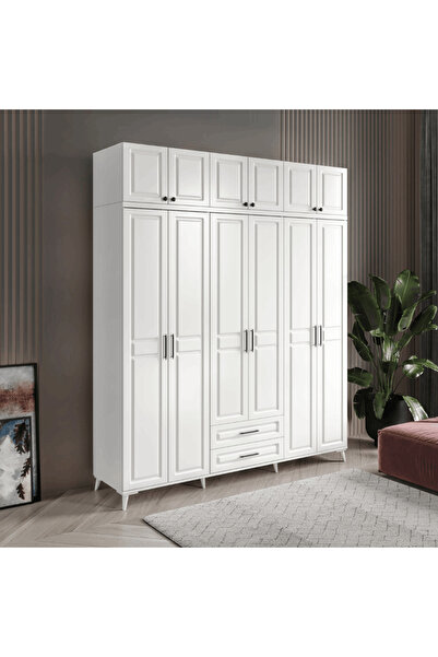 MaceraMobilya Gözde 6 Kapaklı 2 Çekmeceli Yüklüklü Beyaz Komple MDF Gardırop