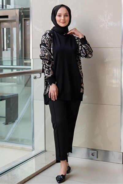Ghisa Tunic with Knitwear Combination and Floral Pattern on the Sleeves