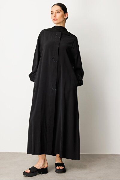 Micca Soft Modal İçerikli Önde Taş İşlemeli Kraş Şal Detaylı Ferace Kap-siyah