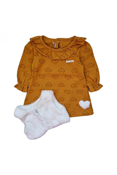 Miniworld Girls' cotton dress with hearts and white fur vest