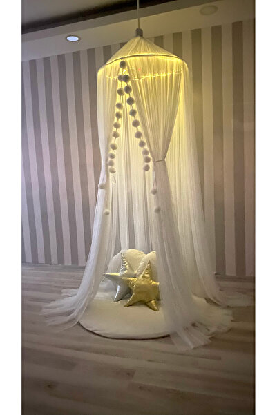 Bila Baby STQUEEN Beyaz Tül Beyaz Sarı Led Işıklı Cibinlik Bebek-Çocuk Oda Ak...