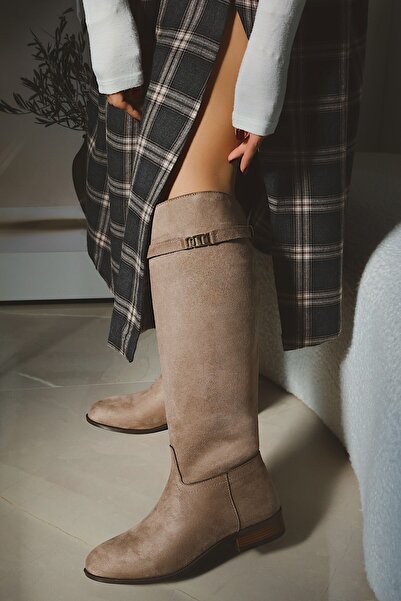 POLKA STORE Daily Flat Sole Detachable Belt Buckle Riding Boots Women's Shoes Bitter Brown