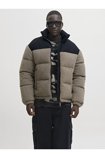 Jack & Jones Men's Gray Jcoflare Teddy Puffer Jacket Coat 12286050-Deserttau