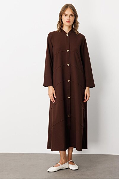 Micca Krep Esnek Doku Elişi Garni Detaylı Kap Ferace-Kahve