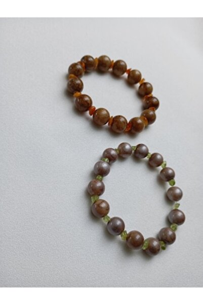 OEM Set de brățări cu calcedonie și ochi de pisică, maro/verde/galben, lucrate manual