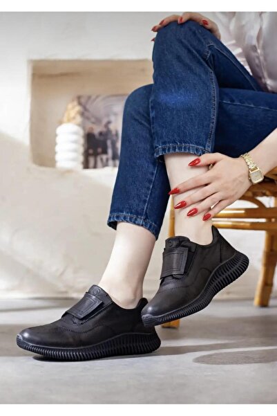 Mammamia D25Ka-3475 Black Genuine Leather Full Orthopedic Women's Casual Daily Shoes