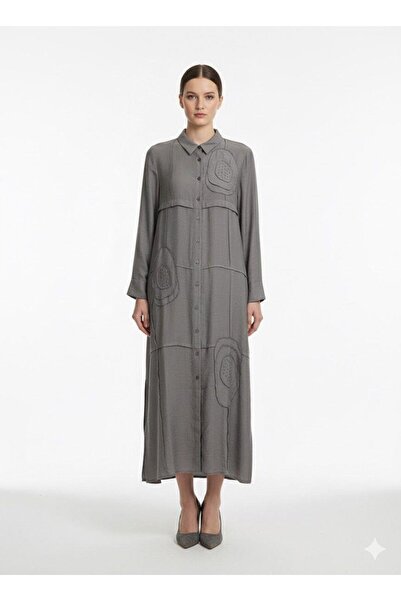 Micca Model (%90 Doğal İçerik) El İşi Garni Desen İşleme Zamansız Ferace /Kap-Gri