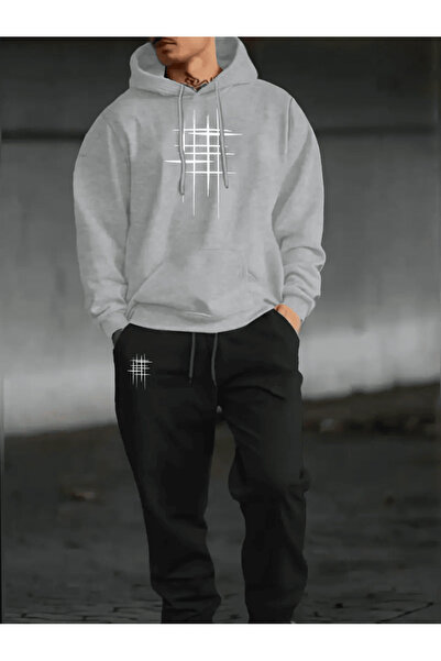 ALEYZA MODA Men's Striped Grid Printed Hooded Tracksuit Set