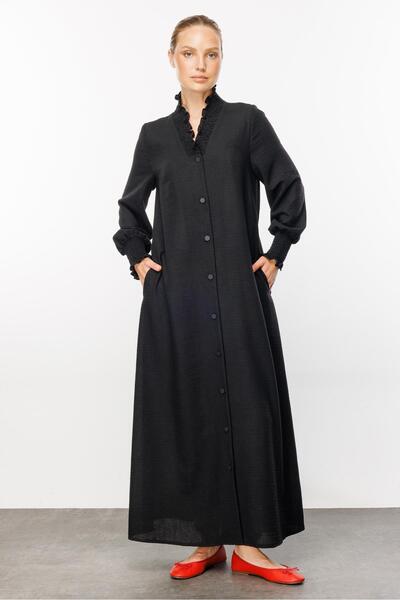 Micca Matmazel Keten Dokuma Yaka Manşet Detaylı Kap Ferace-Siyah