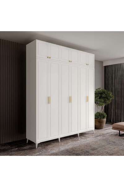 MaceraMobilya Milas Gold 6 Kapaklı Komple MDF Ayaklı Yüklüklü Gardırop