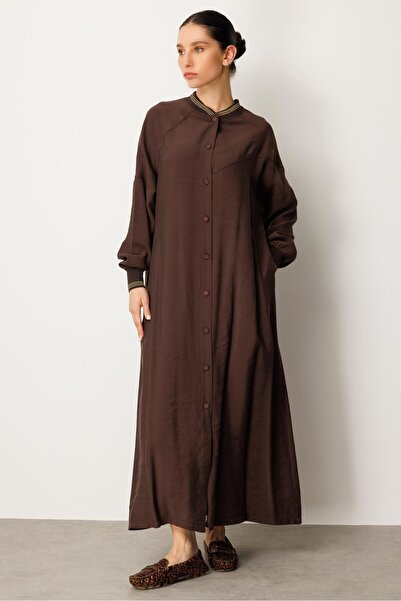 Micca Soft Modal Kol ve Yaka Ribanalı Sade Elbise Kap Ferace-Kahve