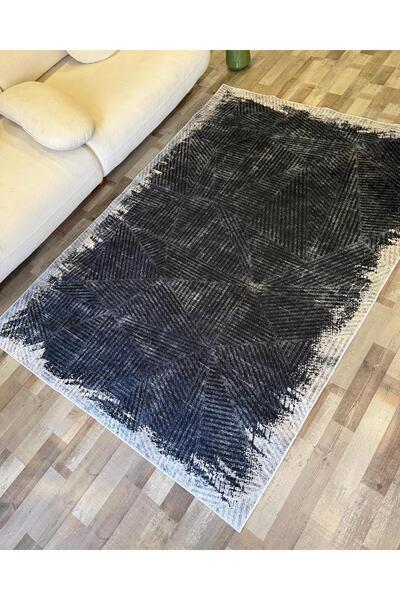 LILYUM SİYAH BEYAZ GEOMETRİK DESENLİ MODERN - YIKANABİLİR KAYMAZ TABAN KİLİM ...