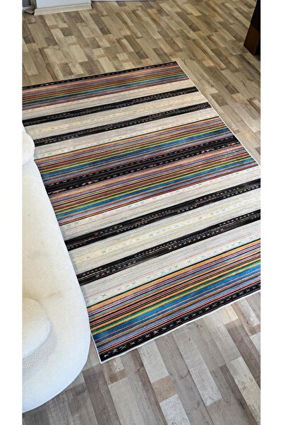 LILYUM KARIŞIK RENKLİ ETNİK ÇİZGİ DESENLİ - YIKANABİLİR KAYMAZ TABAN KİLİM SA...