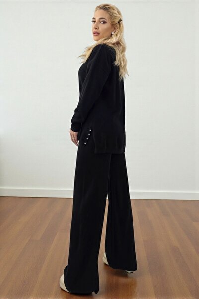FashionForYou ELETRA wool suit, long blouse, crystals and loose pants, Black, Size M/L