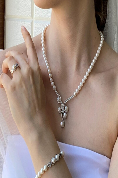 Birinci1926 Zirkon Taşlı Suyolu Doğal İnci Bileklik Yüzük İkili Set