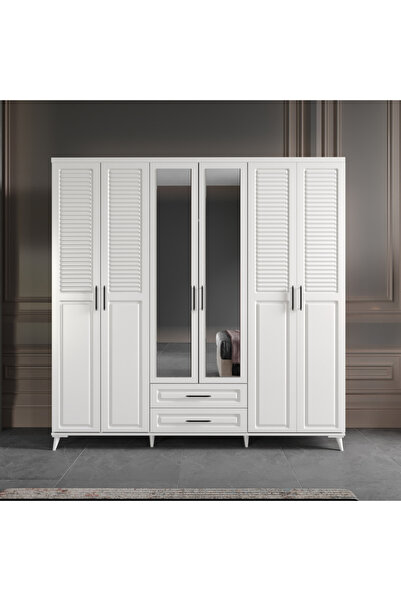 MaceraMobilya Sanat 6 Kapaklı Aynalı Komple MDF Beyaz Gardırop