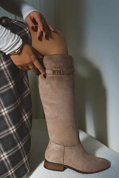 POLKA STORE Daily Flat Sole Detachable Belt Buckle Riding Boots Women's Shoes Bitter Brown