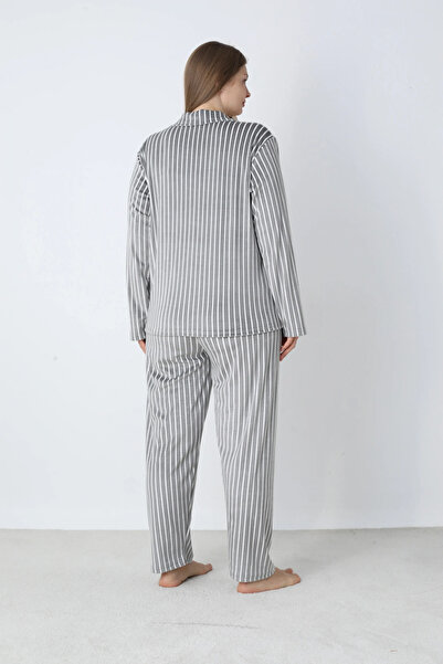 Modestia Estiva 25370 Shirt Collar Oversized Velvet Pajama Set - Anthracite - 5XL