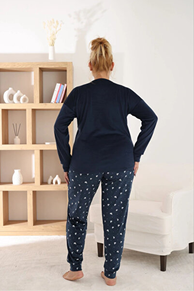 Pijamoni Kadın Büyük Beden Yumuşak Kadife Lacivert Pijama Takımı