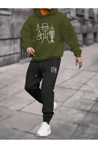 ALEYZA MODA Humorous Fishing Themed Oversized Men's Hoodie Set