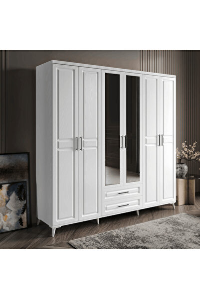 MaceraMobilya Gözde 6 Kapaklı Aynalı Çekmeceli Komple MDF Beyaz Gardırop